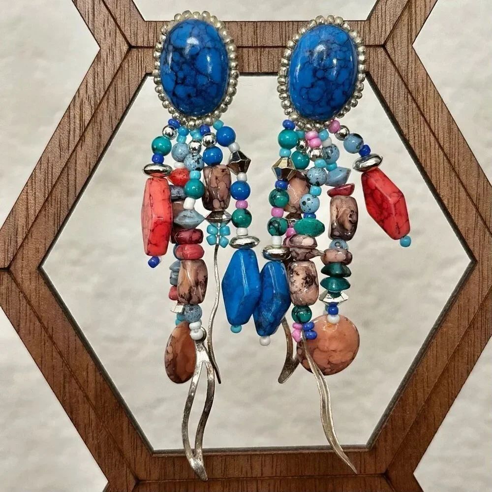 Blue beaded statement earrings